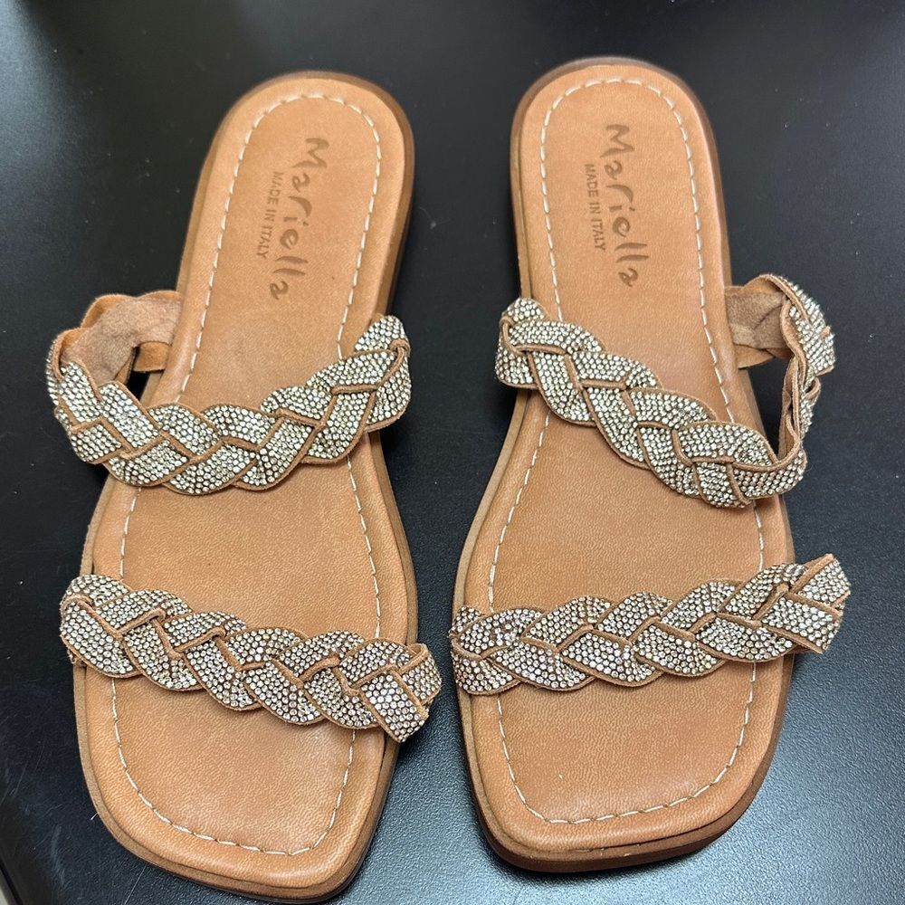 MARELLA Tan Braided Crystal-Embellished Slide Sandals